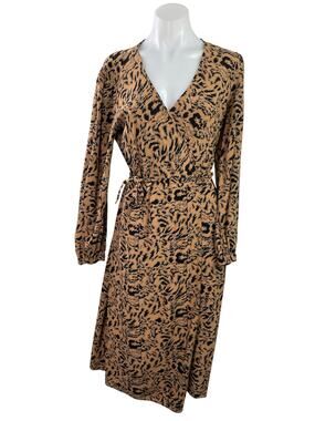 Y.A.S Women's Brown Leopard Print V Neck Long Sleeve Midi A-Line Wrap Dress Sz L